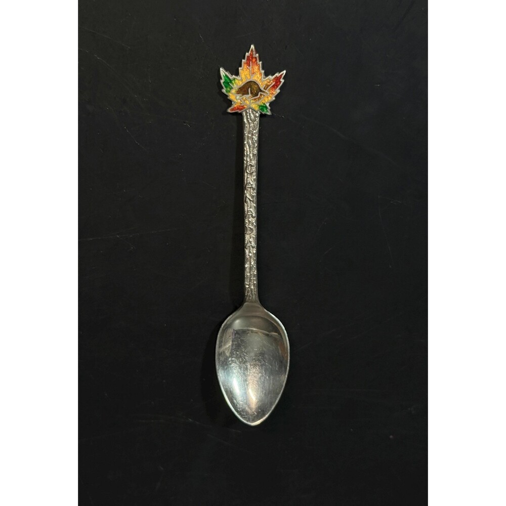Vintage Sterling Silver Canada Souvenir Spoon Enamel Maple Leaf 4.25 Inch